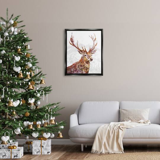 Stupell Industries Winter Deer Mountain Snowfall Framed Floater Canvas Wall Art